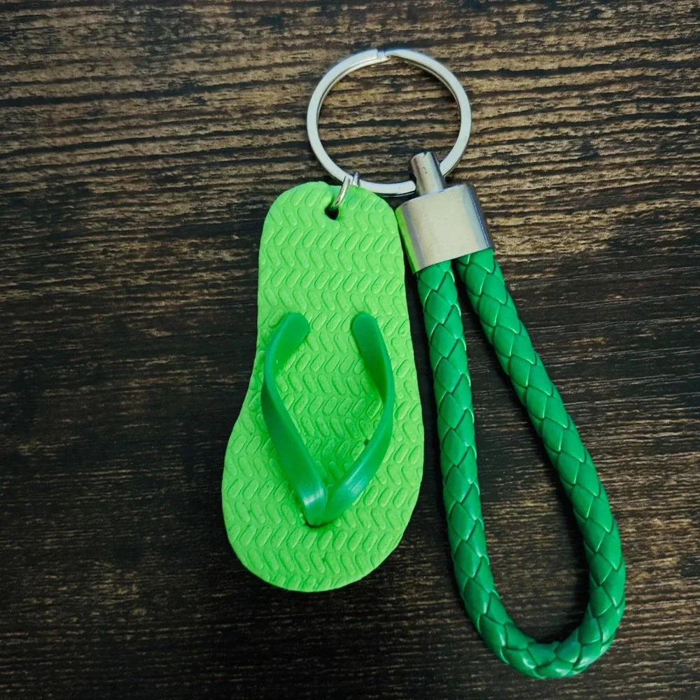 Green Flip Flop Keychain Braided Wristlet Strap Summer Beach Bag Charm Accessory